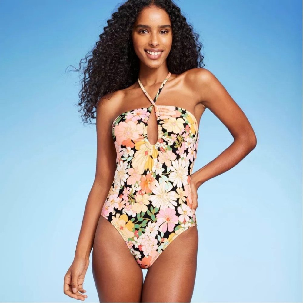 NWOT Shade & Shore Halter Keyhole Bandeau One Piece Swimsuit Floral Print Small